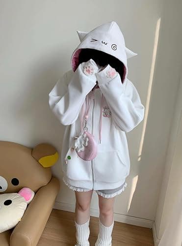 GOTHPICKUS Y2K Kawaii Embroidery Spot Hoodies Zip Up Drawstring Cute Cat Ear Ribbed Jacket Oversize Casual Streetwear thumbnail 3