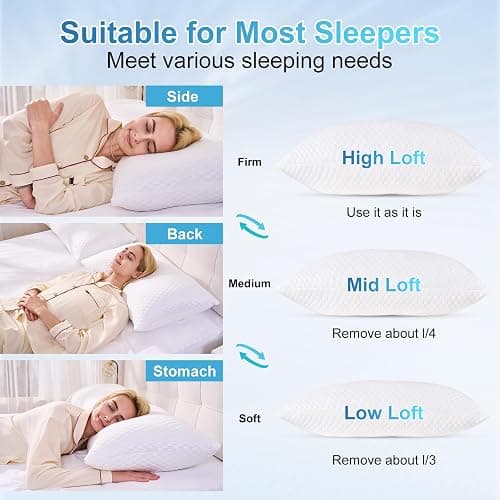 NTCOCO Cooling Bed Pillows Queen Size Pack of 2 for Sleeping Shredded Memory Foam Bed Pillows Adjustable Gel for Side Stomach Back Sleepers Washable Removable Cover Cover thumbnail 3