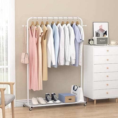 Sywhitta Clothing Rack on Wheels with Mesh Storage Shelf & Sturdy Metal Frame, Rolling Garment Rack for Hanging Clothes, Coats, Skirts, 39.76" L x 16" W x 64.56" H,White thumbnail 5