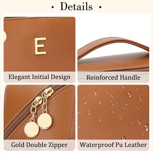 KKXIU Initial Makeup Bag for Women - Personalized Makeup Bag Gifts for Women, Travel Toiletry Bag with PU Leather, Open Flat Design with Top Handle, Cosmetic Bag Set with Multi-Pocket (Brown,E) thumbnail 6