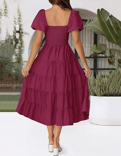 ZESICA Women's 2025 Summer Square Neck Short Puff Sleeve Solid Color High Waist Casual Smocked Flowy A Line Tiered Midi Dress thumbnail 5