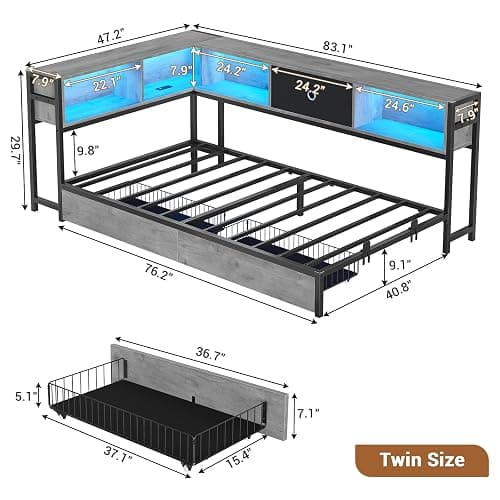 Hasuit Twin Corner Bed Frame with Storage Drawers and Bookcase Headboard, Twin Size Metal Platform Corner Bed Frame with Charging Station and LED Lights, Twin Daybed for Kids Teens Guests, Oak Gray thumbnail 3