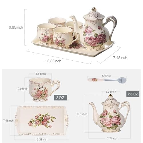 YOLIFE Porcelain Tea Set Vintage Rose, Tea Cups with Teapot, Serving Tray and Teaspoon Service for 4, Suitable for Tea Party Gifts thumbnail 6