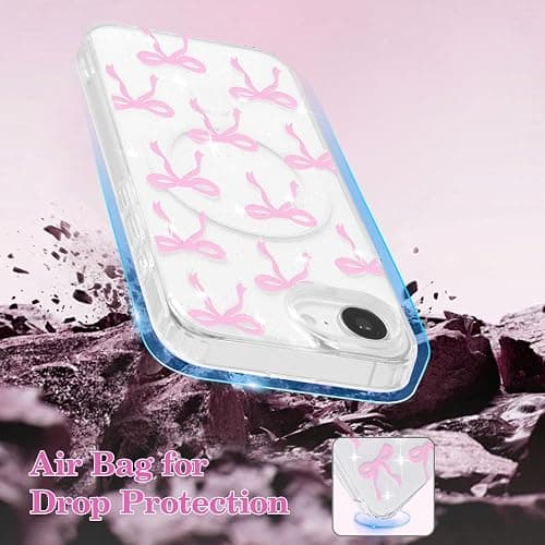 UEEBAI Magnetic for iPhone 17e/iPhone 16e, Glitter Bow Case Compatible with MagSafe, Wireless Slim Sparkly Clear Aesthetic Phone Cover Anti-Yellowing Protective Cover for Women Girl - Glitter Pink thumbnail 6