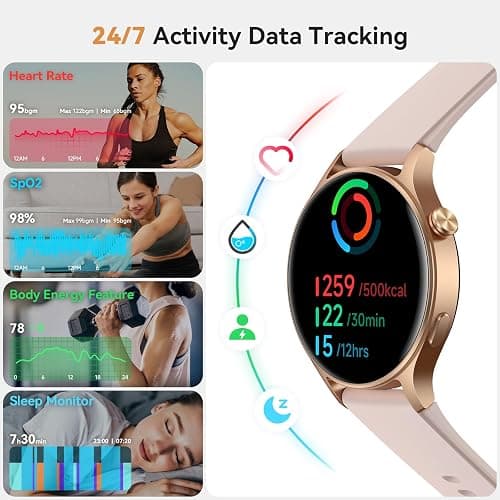 aeac Smart Watch for Women, AMOLED Ultra-Clear Screen Activity Trackers with Heart Rate/Sleep/SpO2 Monitor, Waterproof Fitness Smartwatch for iPhone/Samsung/Android（Pink Gold） thumbnail 3