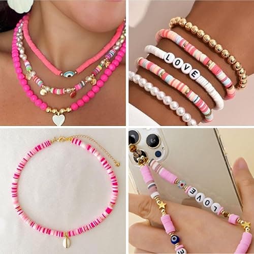 THRELE 3500pcs Pink Clay Beads for Bracelets Making Kit, 6mm Heishi Polymer Flat Round Disc Clay Beads for Jewelry Making Pink thumbnail 8
