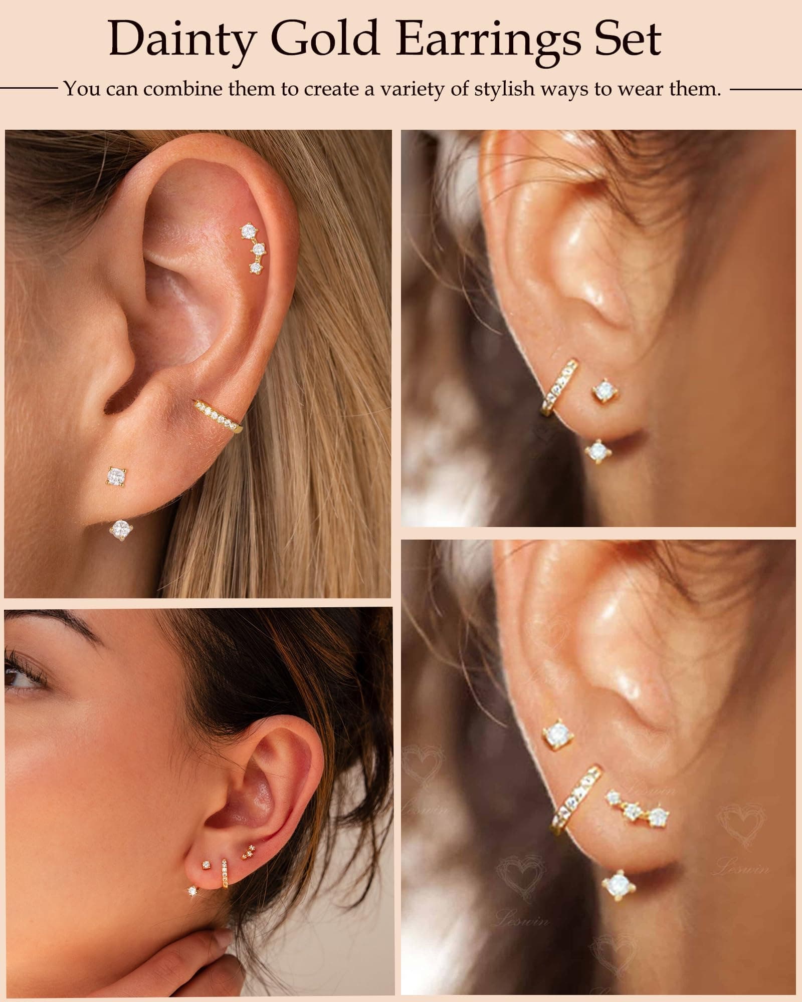 3 Pairs 14K Gold Plated Earrings Set for Women: Stud Earrings, Huggie Hoop Earrings Set for Multiple Piercings,Gold Earring Stack Hypoallergenic thumbnail 3