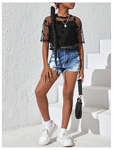 BEAUDRM Girl's 2 Piece Set Star Graphic Sheer Mesh Shirt Crew Neck Short Sleeve Crop Top with Camisole thumbnail 5