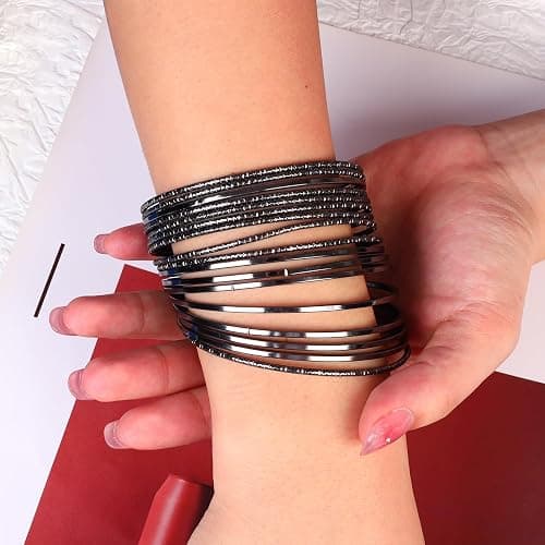 JAZTAKU 80S Multiple Textured Metal Black Bracelets & Bangles Set for Women Multi Layer Stackable Textured Bracelets Boho Jewelrys Set. thumbnail 5