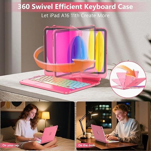 FUWANG Touch Keyboard Case for iPad A16 11/10th Gen, 360 Rotating, Hot Pink | Multi-Touch Trackpad, 7-Color Backlit, Pencil Holder, Keyboard for iPad A16 11th 11 inch 2025& 10th Generation 10.9 inch 2022 thumbnail 4