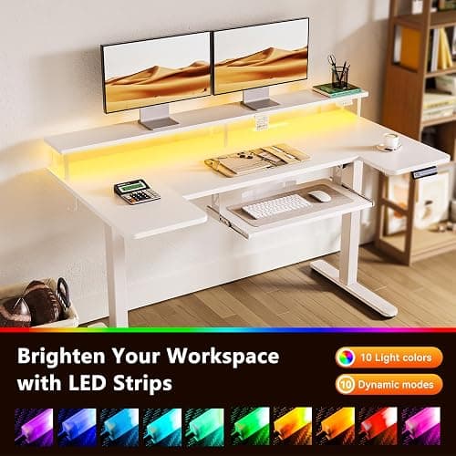 OffiGo U Shaped Electric Standing Desk with Keyboard Tray, 55 Inch Height Adjustable Desk with Power Outlets & LED Lights, Sit Stand Table with Monitor Stand for Home, Office, White thumbnail 7