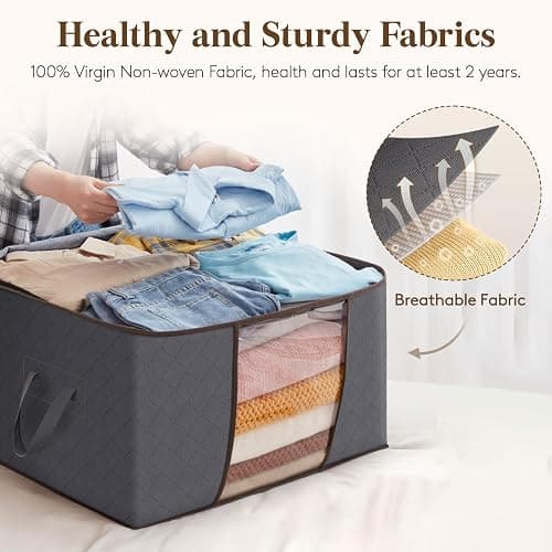 Lifewit Clothes Storage Bag, Fabric Closet Organizers, Foldable Moving Bags with Reinforced Handle, Sturdy Zipper, Clear Window, for Clothing, Blankets, Grey, 3 Pack thumbnail 3