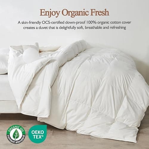 KUSNUG 100% Organic Cotton Feather & Down Fibers Comforter California King, All-Season Hotel-Style Hypoallergenic Duvet Insert, Ivory White 104x96 Inch thumbnail 4