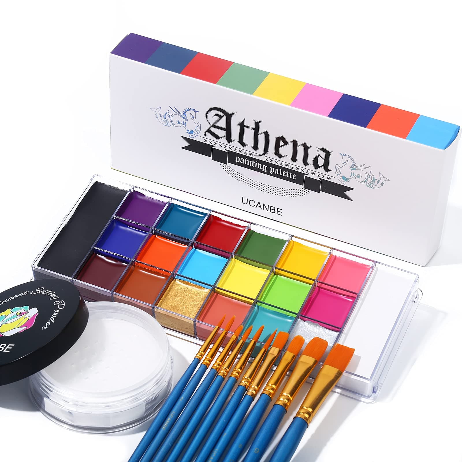 UCANBE Athena Face Body Paint Oil Palette + Translucent Setting Powder + 10PCS Brushes Set, Professional Non Toxic Face Painting Pallet Kit for Halloween SFX Cosplay Clown Makeup for Women Adults - Image 1