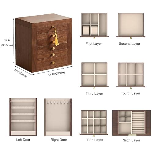 Homruilink Black Walnut Wooden Jewelry Box for Women, 6 Layer | Locking Large Wood Jewelry Organizer with 2 Side Doors & Mirror, For Watch Necklace Ring Earring, Velvet-Lined, Gift thumbnail 3