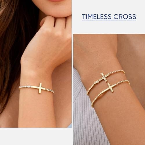 Cross Tennis Bracelets for Women : Classic Bracelet Cubic Zirconia with 14K Gold Plated Religious Wrist Chain Trendy Adjustable Link Chain Jewelry Gifts thumbnail 4