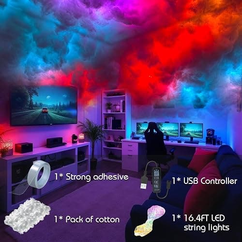 Neisouf USB 3D Cotton Thundercloud LED Light, DIY RGB+IC Chasing Ceiling Cloud Lights with APP and Remote Control for Kids Room Decor (Multicolor, 32.8ft) thumbnail 3