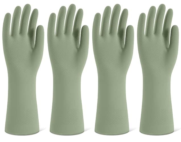Rubber Cleaning Gloves for Dishwashing, 4 Pairs Reusable Kitchen Gloves for Washing Dishes and Household Cleaning, Green Dish Gloves with Flocked Lining and Non-Slip Grip, Pefect for Woman Men - M - Image 1