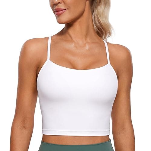 CRZ YOGA Womens Butterluxe Y Back Longline Sports Bras - Spaghetti Straps Racerback Padded Yoga Workout Crop Tank Top - Small - White