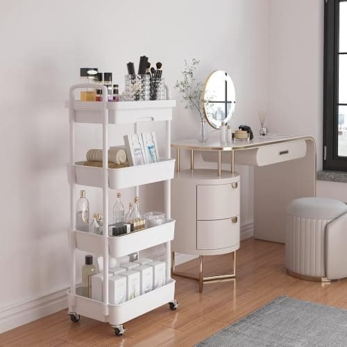 Wuciray Beauty Trolley on Wheels 4 Tier Storage Trolley with Drawer Plastic Beauty Trolleys Rolling Utility Cart for Home Kitchen Bathroom Laundry Office White Storage Trolleys on Wheels thumbnail 2