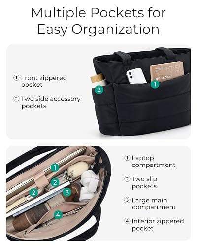BAGSMART Tote Bag for Women, Lightweight Puffy Tote Bag with Compartments Quilted Shoulder Bag Handbag for Travel, Work, Gym - Standard Size - A-black-standard Size thumbnail 6