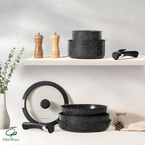Chef Power Ceramic Nonstick Cookware Set 19 Piece with Detachable Handle, Induction Dishwasher Oven Safe Pans and Pots Set, RV Kitchen Set Removable Handle, Rock Stone Black thumbnail 8