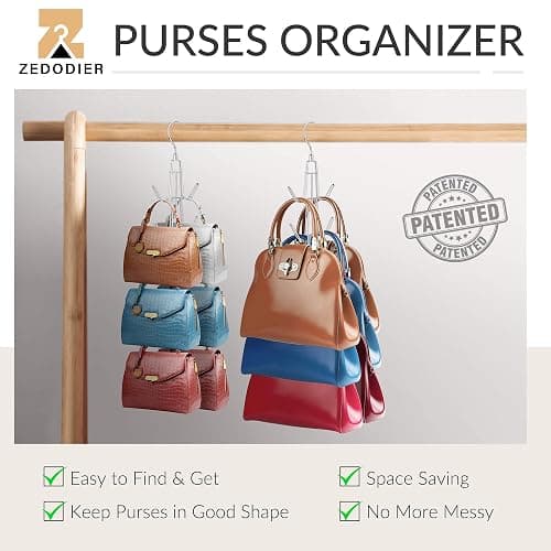 ZEDODIER Purse Organizer for Closet, 3 Pack Rotatable Sturdy Purse Hanger Bag Rack with 18 Hooks, Space Saving Handbag Backpack Holder, Closet Organizers and Storage, Silver - Silver - 3 Pack thumbnail 3