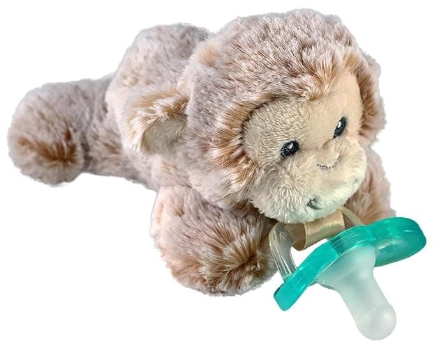 RaZbaby JollyPop Pacifier, Holder w/Detachable Baby Pacifier, Stuffed Animal RaZbuddy, All Ages 0M+, 100% Medical Grade USA Made Silicone, Machine Washable, Textured & Easy to Hold – Monkey - Image 1