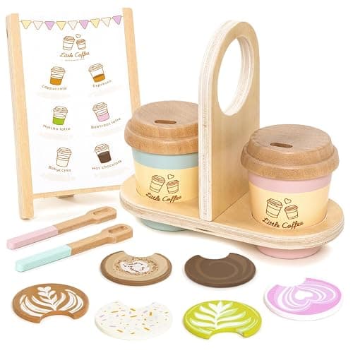 UMU® Children Coffee to Go Playset Made of Wood – Children's Kitchen Accessory Including Sales Board for the Merchant Shop, Coffee Set for Role-Playing, 15-Piece Wooden Toy for Children from 3 4 5 6 - Image 1