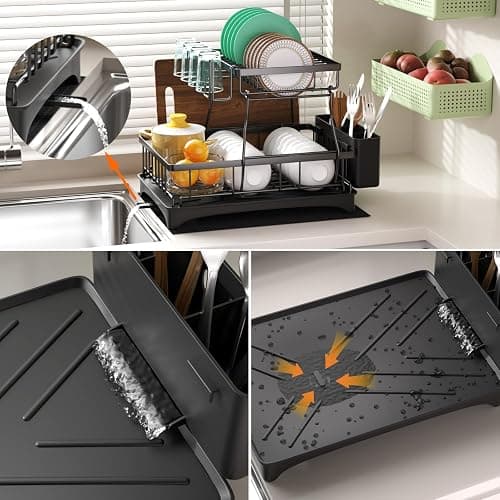Godboat Dish Drying Rack, 2-Tier Dish Rack with Auto-Drain & Mat, Dish Racks for Kitchen Counter, Dish Drainer with Knife, Fork & Cup Rack, Gifts for Women, Mothers Day, Cool Stuff & Kitchen Gadgets thumbnail 6