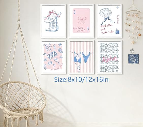 6Pcs Pink Blue Coastal Granddaughter Canvas Wall Art, Preppy Cowgirl Painting Pictures Wall Decor, Bikini Shell Posters Print Artwork for Girl Dorm Room College Home Decoration 8x10In Unframed thumbnail 4