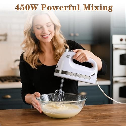 KBOBEY 450W Electric Hand Mixer, 5-Speed Handheld Mixer with Storage Case, Turbo & Eject Button, Includes 2 Beaters & 2 Dough Hooks for Baking, Cake, Egg, Cream (White) thumbnail 2