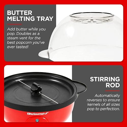 Elite Gourmet EPM330R Automatic Stirring 12-cup Popcorn Maker Popper, Hot Oil Popcorn Machine w/Measuring Cap & Built-in Reversible Serving Bowl, Great for Home Party Kids, Safety ETL Approved, Red thumbnail 4