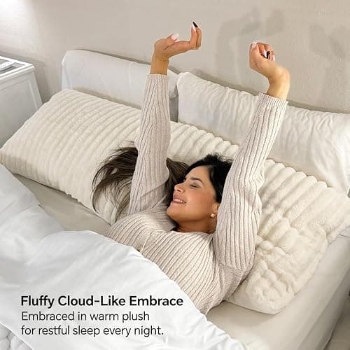 BEDELITE Fluffy Striped Body Pillow Cover with Zipper, Cream White, 20x54 | Ultra-soft Faux Fur with 13D Striped Texture, Comfy, Plush, and Cloud-like, Body Pillow Pillowcase for Bed Couch Room Decor thumbnail 4
