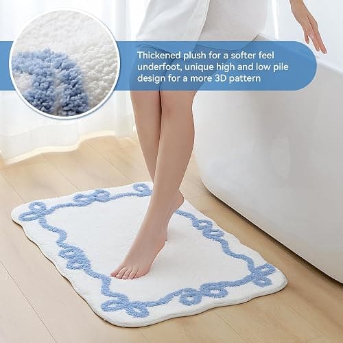 TRUEDAYS Blue Scalloped Bath Mat - Cute Bow Bathroom Rugs Small Non Slip Bath Mat, Soft & Absorbent Bath Rugs for Bathroom Decor, Tub, Vanity Floor thumbnail 3