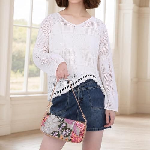 Oweisong Women Floral Beaded Purses Summer Hobo Embroidered Shoulder Bag Leather Sequin Top Handle Underarm Handbag thumbnail 3