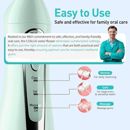 COSLUS Water Dental Flosser Teeth Pick: Portable Cordless Oral Irrigator 300ML Rechargeable Travel Irrigation Cleaner IPX7 Waterproof Electric Flossing Machine for Teeth Cleaning C20(F5020E) Green thumbnail 5