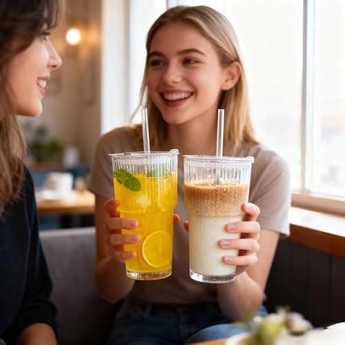 MINGHYZYA 20 oz Glass Tumblers, Iced Coffee Cups with Lids and Glass Straws, Thickened Wall Ribbed Glass Cups, Ideal for Smoothies, Cocktails, and Juices – Vintage and Durable Drinkware – 1 Pack thumbnail 6