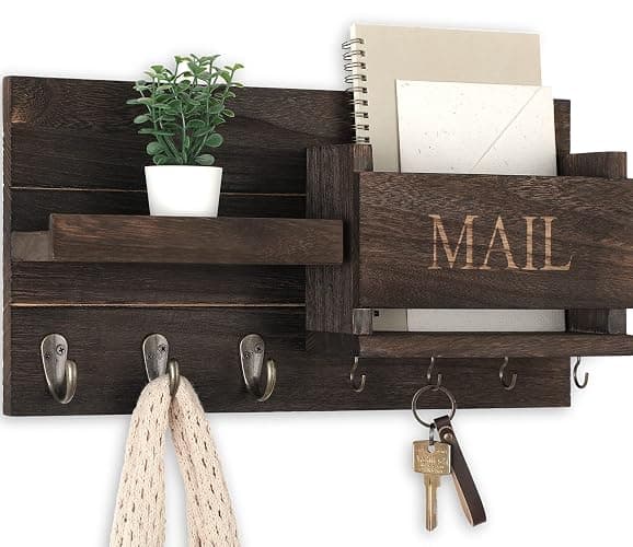 Lwenki Mail Organizer for Wall Mount – Key Holder with Shelf Includes Letter Holder and Hooks for Hallway Farmhouse Decor – Rustic Wood with Flush Mounting Hardware (16.5” x 9.1” x 3.4”) (Brown) - Image 1