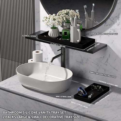 BBK Bathroom Vanity Tray- 2 Pack (7.8" and 11.8") Silicone Bathroom Tray for Counter, for Perfume Key Trinket Ring Soap Organization - Black thumbnail 3