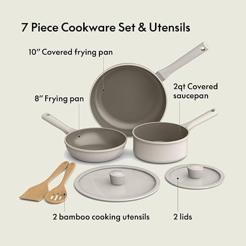 bella 7 Piece Cookware Set with EverGood™ Ceramic Nonstick Coating​, Dishwasher Safe Oven Safe, All Stovetops Compatible, Glass Lids with Silicone Rims, Cool Touch Handles, Oatmilk thumbnail 4