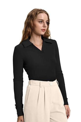 WIHOLL Womens Polo Shirts Long Sleeve Business Casual Tops Collared V Neck Ribbed Knit Sweater Slim Fit Blouses thumbnail 3