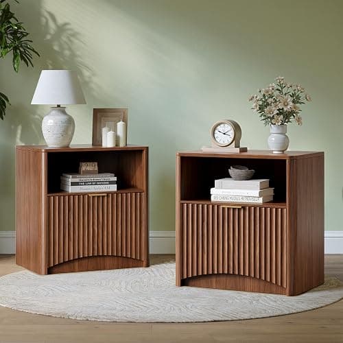 Evermagin Fluted Nightstand Set of 2, Walnut Bedside Table with Drawer and Storage, Wood End Table Mid Century Modern, Large Night Stand for Bedroom - Image 1