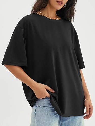ATHMILE Womens Oversized T Shirts Loose Fit Crewneck Short Sleeve Tops Summer Casual Blouse Y2K 2025 Basic Tee Beach - Small - Black thumbnail 4