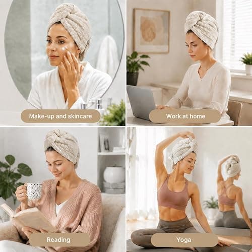 Admygo Microfibre Hair Towel, Super Absorbent Hair Towel Wrap with Elastic Straps for Women Adults, Soft Hair Turban Towel for Long Thick Curly Wet Hair, Khaki thumbnail 5