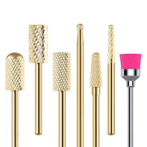 MelodySusie Nail Drill Bits Set, 7pcs Tungsten Carbide Nail Bits for Nail Drill E-file, 3/32 inch Bits Manicure Pedicure Remover Tools for Acrylic Gel Nails, Salon Home Nail Care Supplies, Gold - Image 1