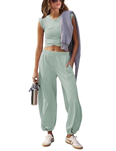 Womens 2 Piece Sweatsuits Sets Casual Workout Cropped Tee Top High Rise Sweatpants Athletic Tracksuits - Image 1