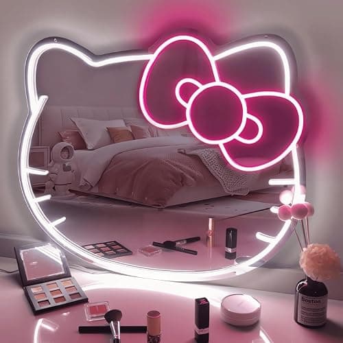 THIIXDAI Hello Kit Mirror with Light Neon Signs for Room Decor, USB Powered Cute Cat LED Lights, Teen Girl Best Gift, Makeup Mirror Neon Sign Wall Decor 16.1 * 13.97inch - Image 1