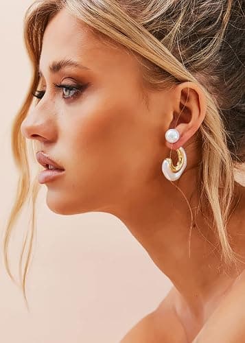 ROGOWOL Acrylic Resin C Shape Open Hoop Earrings with Pearl Ball Back Hypoallergenic Double Sided Faux Pearl Statement Hoop Earrings for Women - 8-Pearl White thumbnail 2