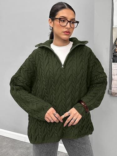 PRETTYGARDEN Womens Fall Sweaters 2025 Long Sleeve Quarter Zip Pullover Sweater Casual Loose V Neck Cable Knit Jumper Tops thumbnail 3